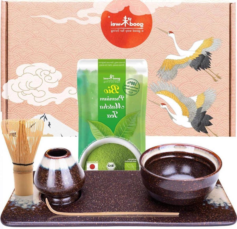 Matcha Thee Set voor Japanse theeceremonie 6 delig Matcha schaal bezemhouder thee dienblad echte biologische matcha Japan Kumo