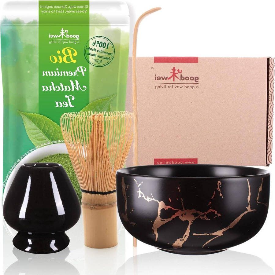 Matcha Theeset bezem theeschaal Japanse biologische matcha poeder thee marmer design Black