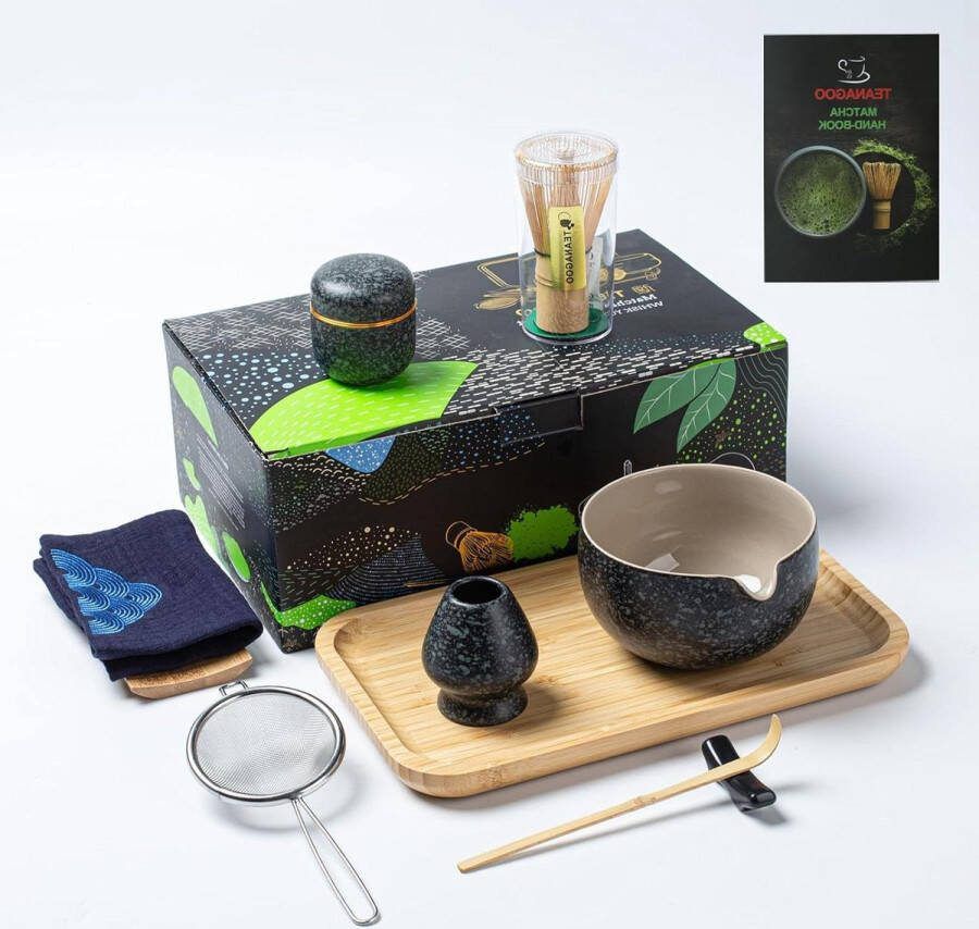 Matcha Theeset met dienblad Japanse theeset matcha kom matcha bamboe garde pollepel matcha garde houder matcha garde O1 houtskool grijs Matcha Set