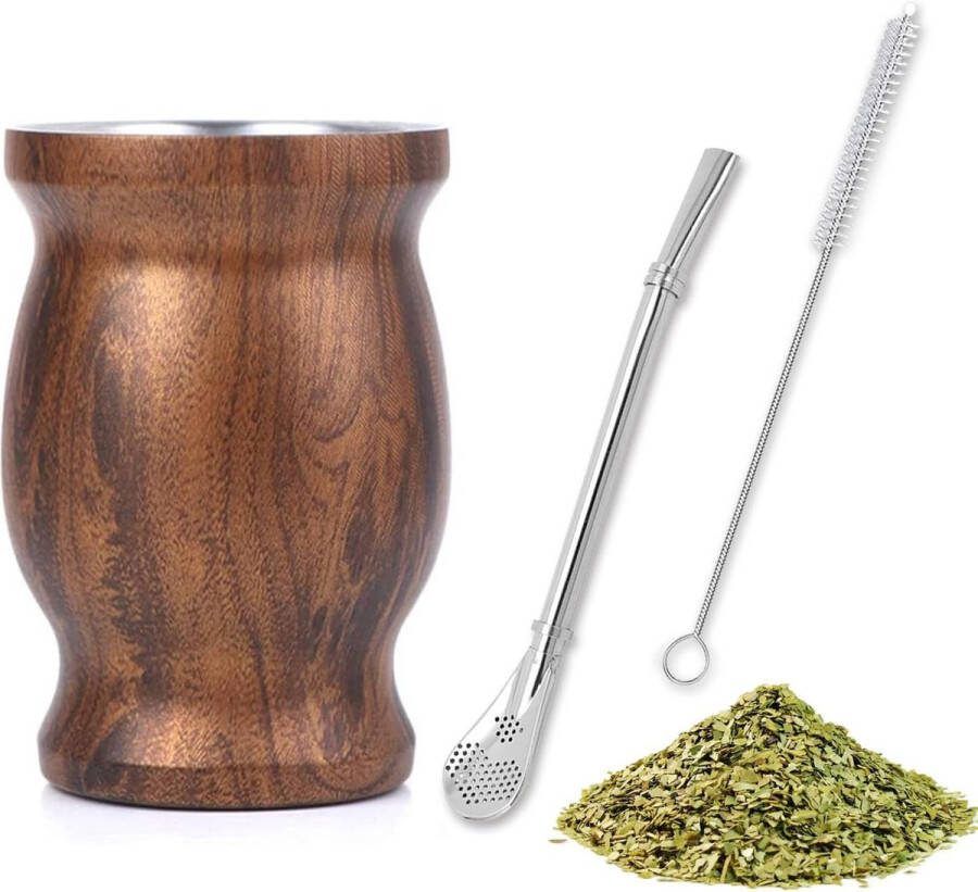 Mate Mok Mate Theeset met rietjeslepel en schoonmaakborsteltje voor Mate thee koffie melk en sap kleur houtnerf
