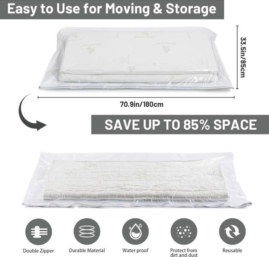 Matrasvacuüm opbergtas voor verplaatsen en retourneren matrasafsluitbare opbergtas ruimtebesparende vacuümzak voor schuim of binnenvering matras compressie en opslag (180 x 85 cm)