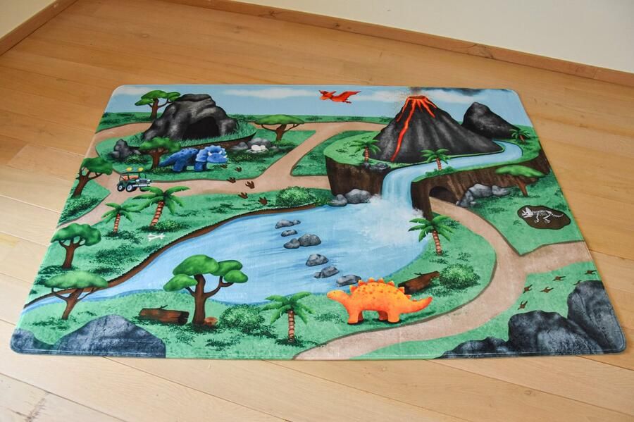 Mats & Joy Dino Wegentapijt 130x180cm Ultrazacht Anti-slip Wasbaar Kindertapijten.be Speelkleed Speelmat Vloerkleed Kinderen Stratentapijt Speelgoed Speelgoedtapijt Speelmatten Groot Speelkleed Dinosaurus