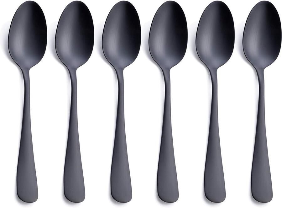 Matte Zwarte Dessertlepel Set Roestvrijstalen Lepel met Satijnen Afwerking 17.2 cm Theelepel Koffielepel Set voor 6 Personen Vaatwasserbestendig