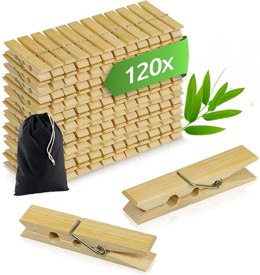 Maxenza Houten Wasknijpers Knutselen Bamboe Met een wasknijperzak 120 Stuks