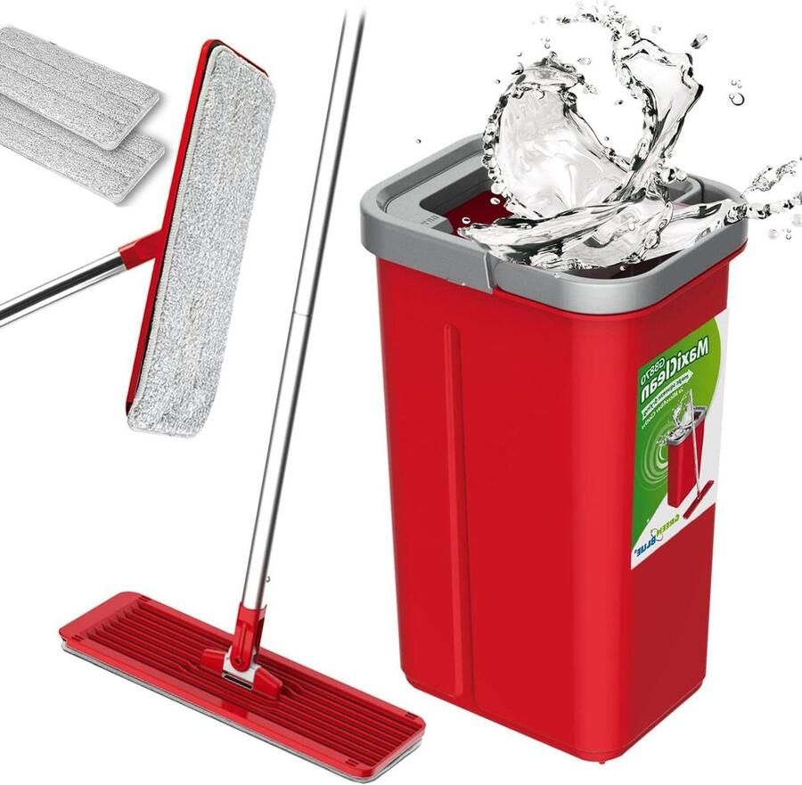 MaxiClean platte mop set met 2-in-1 poetsemmer 57 l dweilmop set vloerwisser reinigingssysteem reiniger 360° draaibare dweilkop reservehoezen mop and bucket set