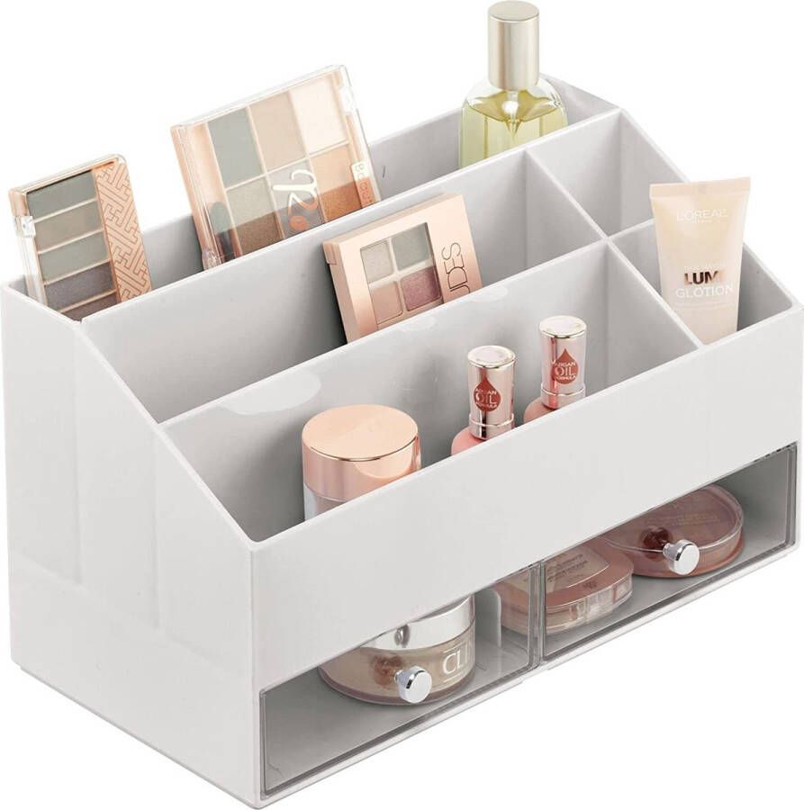 MDESİGN mDesign beauty organizer – make up organizer met 5 vakken en 2 lades voor make-up nagellak en beautyproducten – de ideale make up opslag – lichtgrijs en transparant