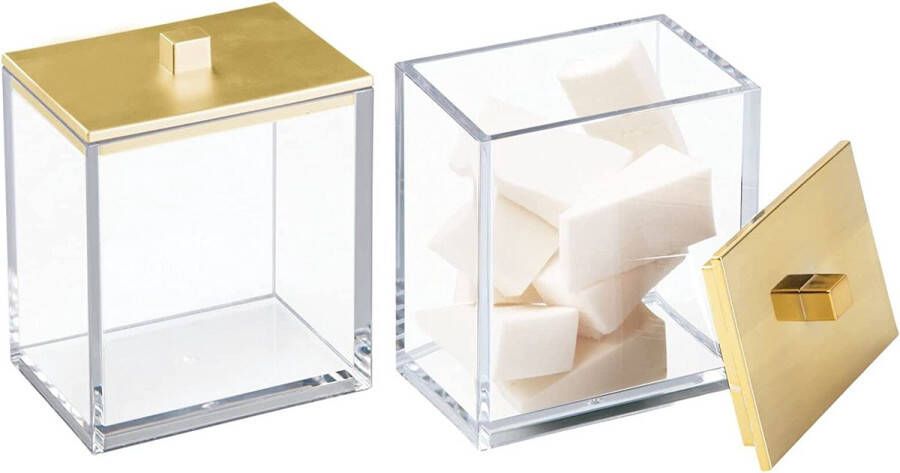 MDesign Wattenpotten in 2-delige set voor badkamer en slaapkamers voor cosmetica en beautyproducten vierkant plastic modern met deksel doorzichtig goud
