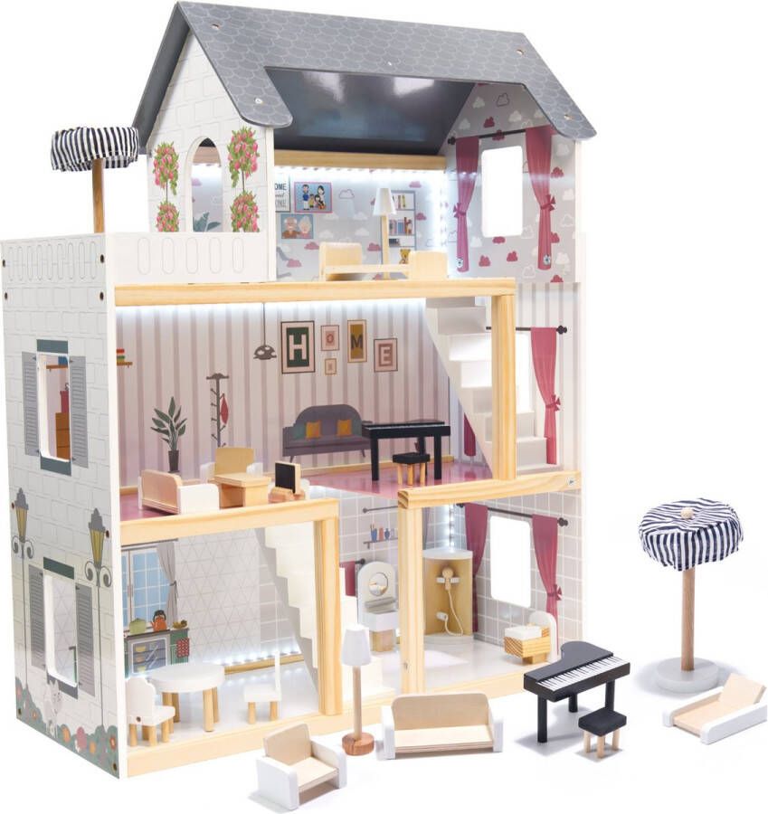 Ikonka Zeer luxe grote houten poppenhuis speelhuis met meubels met LED verlichting 78 cm