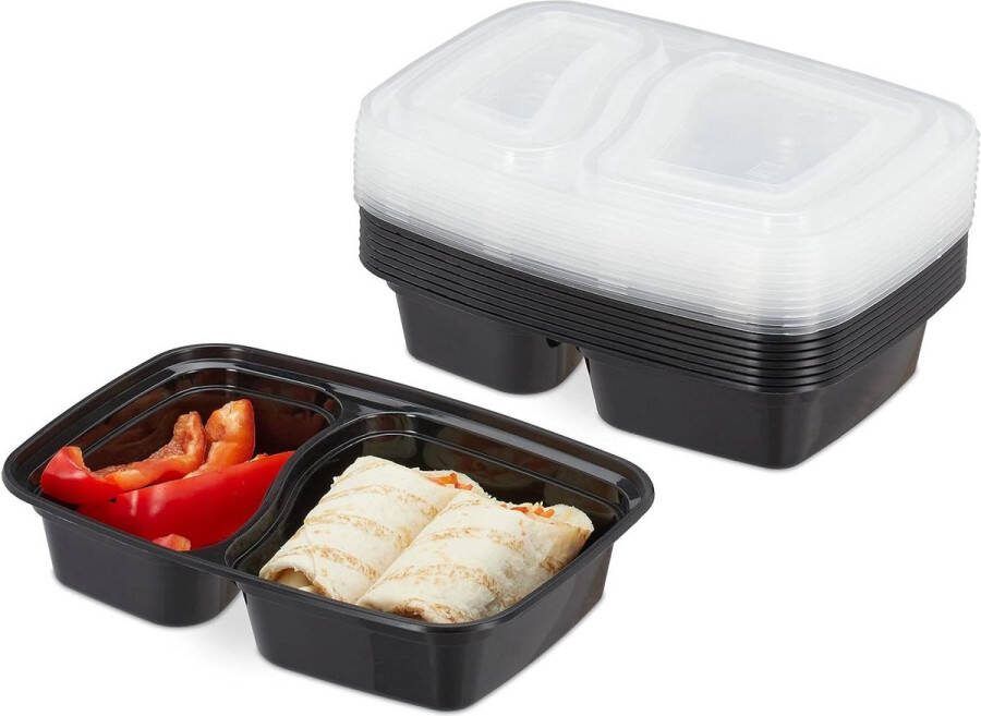 Meal prep bakjes set van 10 2 vakken magnetron vriezer 800 ml plastic bakjes met deksel zwart. Meal prep bakjes