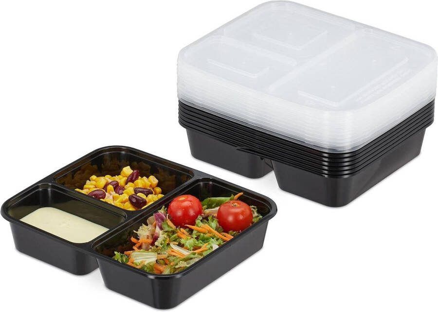 Meal Prep Bakjes Set van 10 3 Vakken Magnetron en Vriezer 1000 ml Herbruikbare Bakjes met Deksel Zwart meal prep