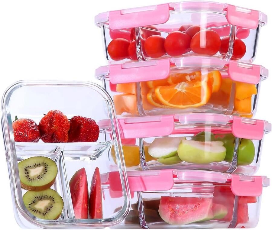 Meal Prep boxen van glas 3 vakken (5 stuks 1040 ml) luchtdichte lunchcontainer voor magnetron oven en vaatwasser