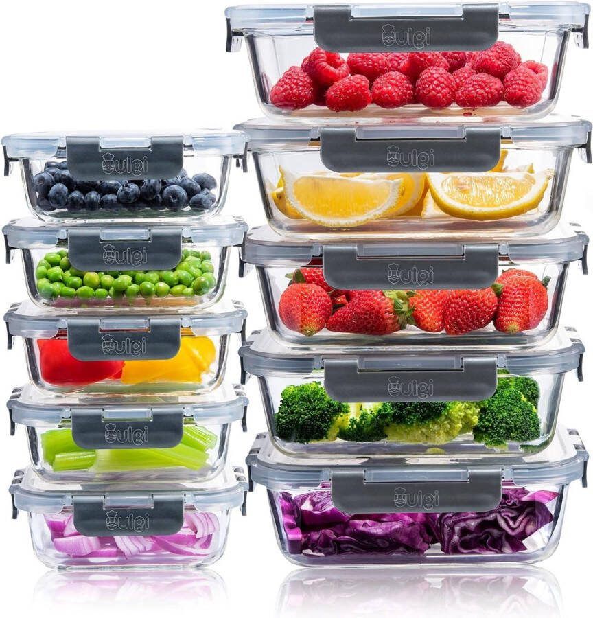 Meal Prep Glazen voedselbewaardozen 10 stuks Maaltijdbereidingsdozen Lekvrije deksels Magnetronveilig BPA-vrij Lunchdozen Herbruikbaar 1050 ml & 370 ml meal prep