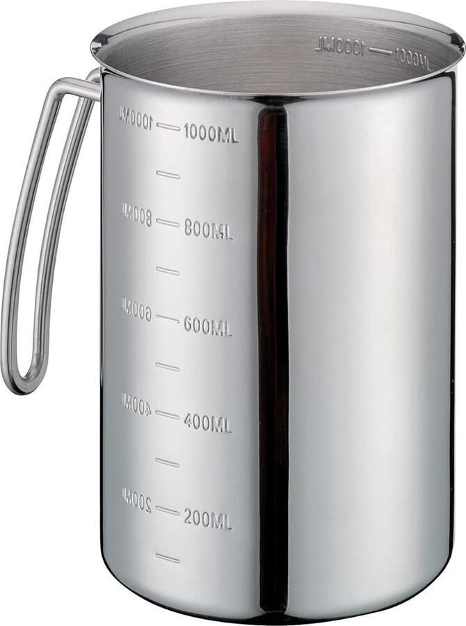 Measuring cup with handle stainless steel 10.5 H 14.5 cm inner outer shell dishwasher safe liter size milk jug silver Maatbeker 1 liter