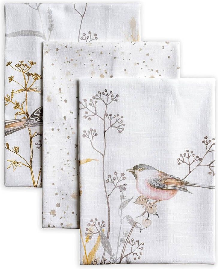 Medow Florals-beige 100% katoen set van 3 multifunctionele keukenhanddoeken barhanddoeken lente zomer (50 cm x 70 cm)
