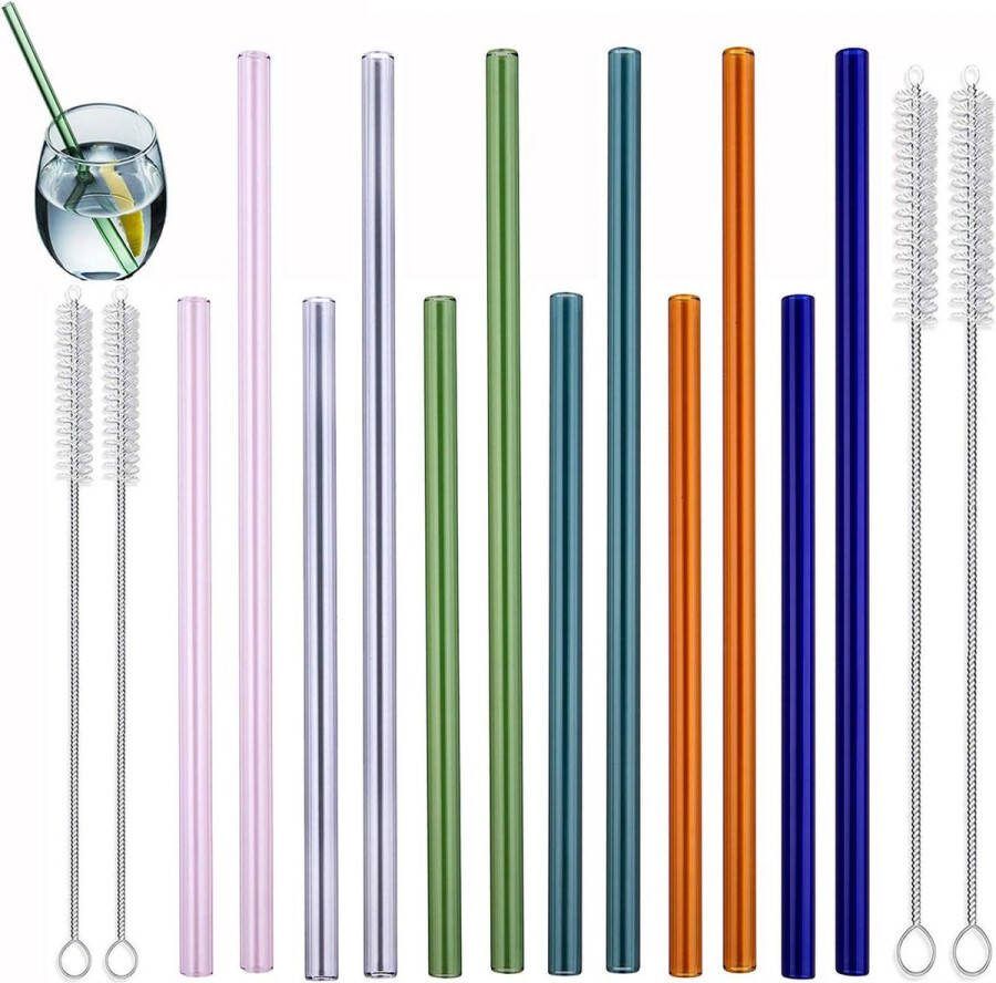 Meerkleurige rechte glazen rietjes set van 12 LFGB-certificering 6 x 215 cm 6 x 15 cm + 4 reinigingsborstels herbruikbare rietjes gezond en milieuvriendelijk Glazen rietjes
