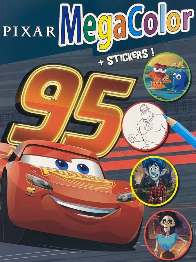 MegaColor Kleurboek Pixar cars + 25 stickers oceaanblauw 60 pagina's dubbelzijdig bedrukt 120 kleurplaten voor volwassenen en kinderen uitermate geschikt voor kleurpotloden