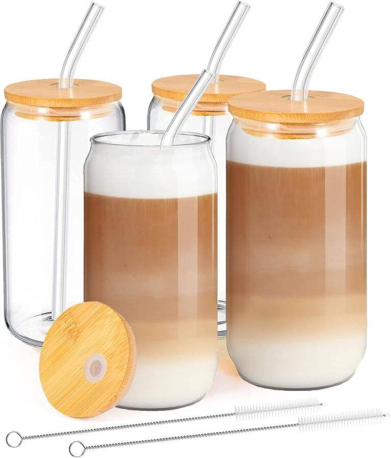 MEIMUCUL Cocktailglazen met Deksel en Rietje 4 stuks Iced Coffee Glass Blikvorm Bear Can Cocktailglazen Fancy Lunnix Glas Bierglazen in Blikvorm Ideaal voor Koffie Cocktail Smoothie Soda