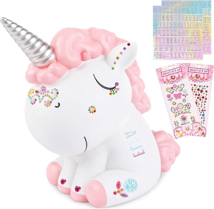 Meisjes Eenhoorn Piggy Bank Schattige Onbreekbare Muntenbank van Hars DIY Diamanten en Alfabet Stickers Verjaardag Kerstmis Babyshower Gift