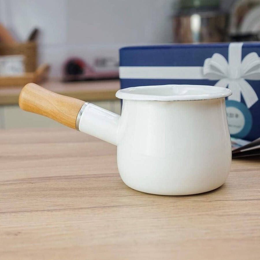 Melk Pan Non-stick Emaille Pot Kleine Kookpot voor Thee Koffie en Eieren Met Houten Handvat Babyvoeding Supplement Pot Gemakkelijk schoon te maken Enamel Stockpot (Wit)