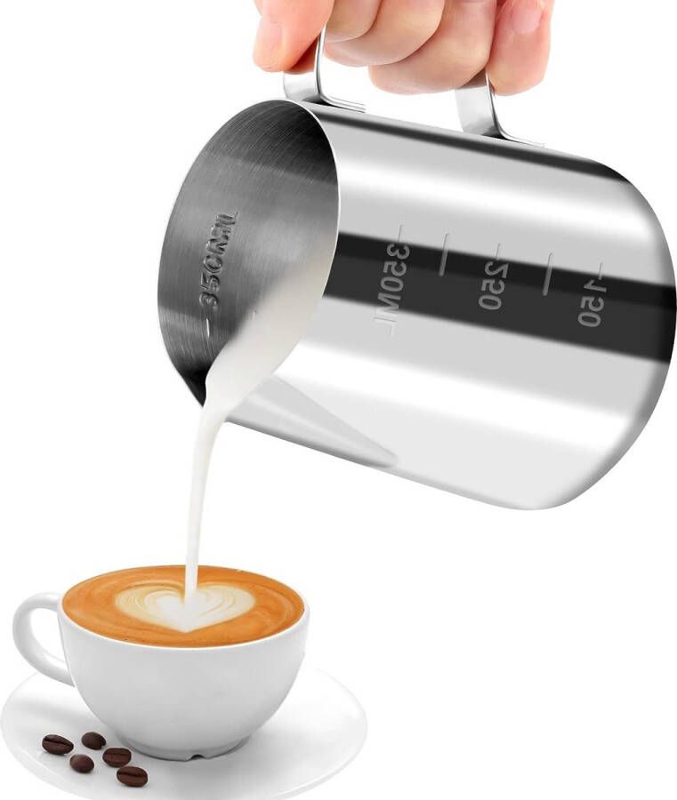 Melkkannetje 350 ml handheld roestvrij staal opschuimkannetje koffiecrème melk opschuimer kannetje beker met meetmerk melkkannetje perfect voor Barista cappuccino espresso latte (350)
