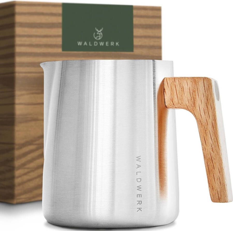 Melkkannetje (350 ml) – melkkan met echt eikenhouten handvat – melkkannetje roestvrij staal – maatbeker van roestvrij staal met schaal in stappen van 10 ml