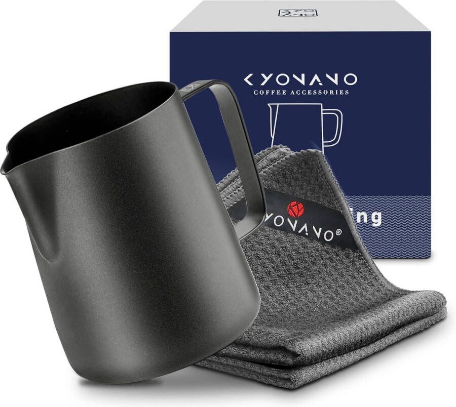 Melkkannetje 350 ml melkkannetje roestvrij staal 18 8 premium barista accessoires handheld opschuimkannetje melkkan zwart met 2 baristadoeken voor cappuccino espresso (set van 3)
