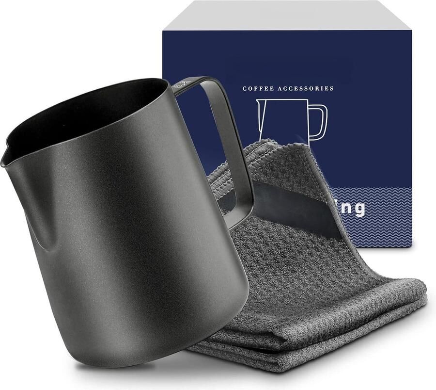 Melkkannetje 350 ml melkkannetje roestvrij staal 18 8 premium barista accessoires handheld opschuimkannetje melkkan zwart met 2 baristadoeken voor cappuccino espresso (set van 3)