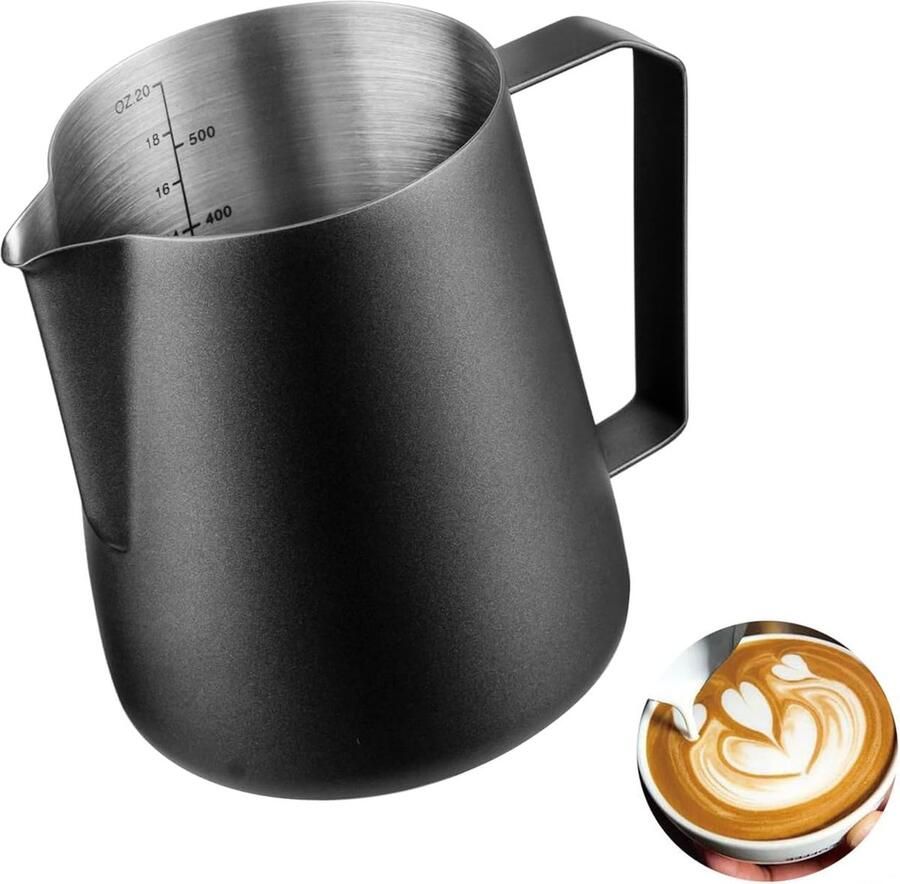 Melkkannetje melkkan 600 ml 20 fl.oz. melkkan van roestvrij staal melkopschuimen voor cappuccino en laté reliëfschaal zwart