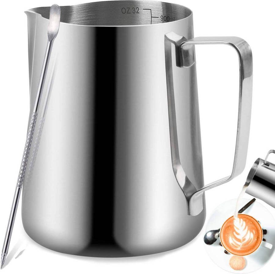 Melkkannetje melkkan roestvrij staal 600 ml Barista accessoires koffiemelkkannetje met meting merk voor cappuccino espresso (zilver 600 ml)