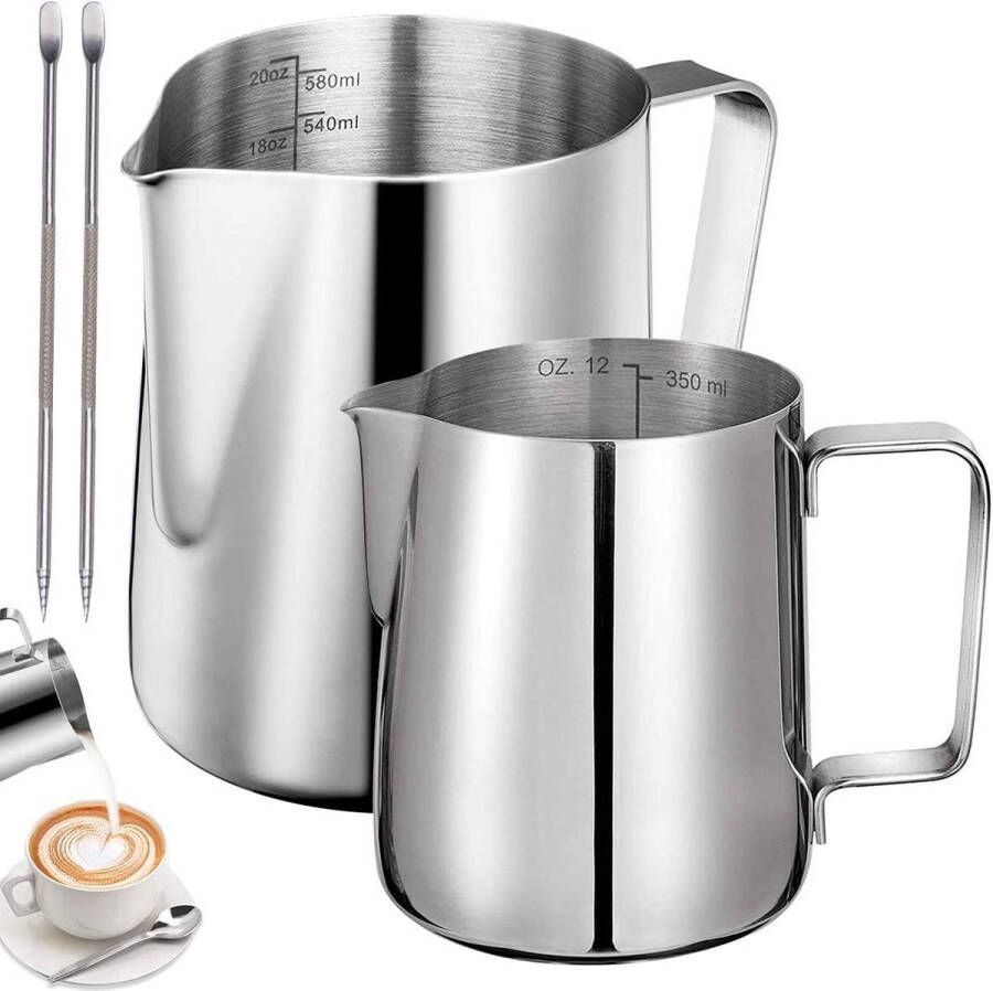 Melkkannetje van roestvrij staal 2 stuks opschuimers kannetjes 350 ml 600 ml melkkan van roestvrij staal melk pitcher opschuimen kan met 2 stuks baristapennen meting mark voor