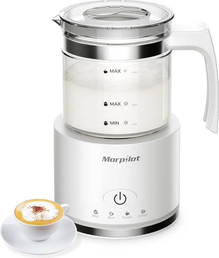 Melkopschuimer Elektrische melkopschuimer 4-in-1 melkopschuimer voor warm en koud 600 W 500 ml afneembaar glazen opzetstuk latte-design visueel glas vaatwasmachinebestendig roestvrij staal wit