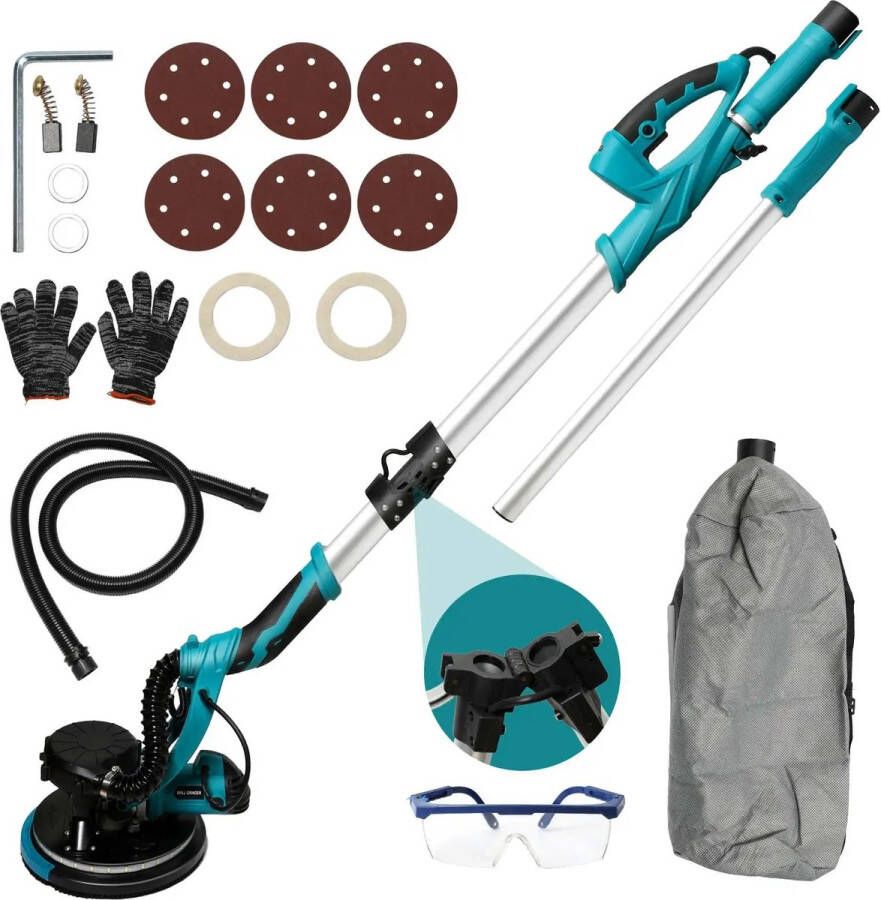 MELY Elektrische Gipsplaat Schuurmachine vloerschuurmachine schuurpolijstgereedschap opvouwbaar en uitschuifbaar handvat vacuüm 800-1800Rpm 1250W