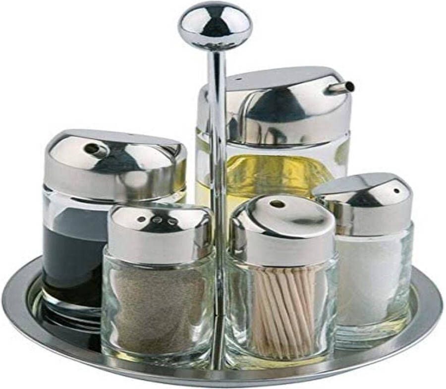 Menage azijn- en olieset tafelframe voor zout peper azijn olie tandenstoker draaibaar frame glazen houder met roestvrijstalen deksel en draaisluiting 16 x 16 cm 20 cm hoogte