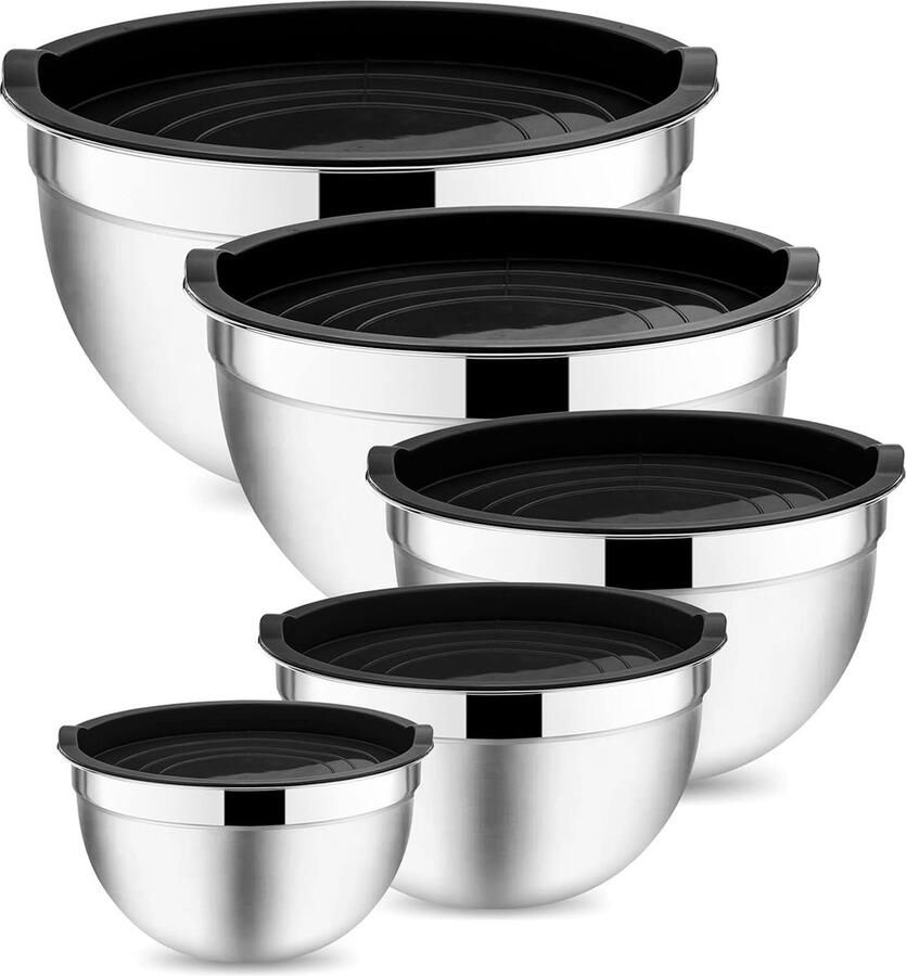 Mengkom 5-delige roestvrijstalen slakommenset met luchtdicht deksel perfect voor bakken koken bereiden stapelbaar en vaatwasmachinebestendig 4 6 2 8 1 6 1 2 0 7 l zwart
