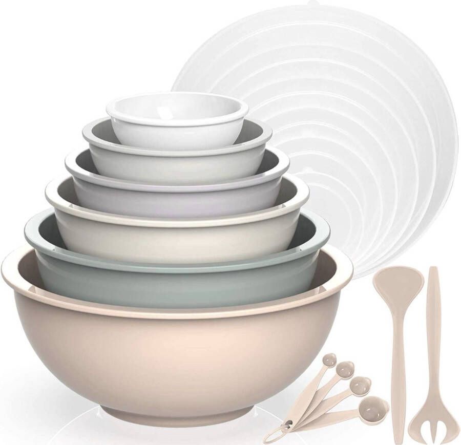 Mengkom 6-delige set plastic nestkom slakom met deksel kom met deksel bevat 2 vorken en 4 maatlepels BPA-vrij en stapelbaar ideaal voor het mengen en serveren (kaki 18) Merk: AIKKIL