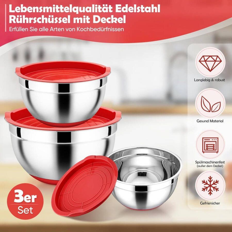 Mengkom met deksel 3-delige roestvrijstalen kom slakom-set voor keuken 1 l 2 5 l 4 5 l vaatwasmachinebestendig stapelbaar rood