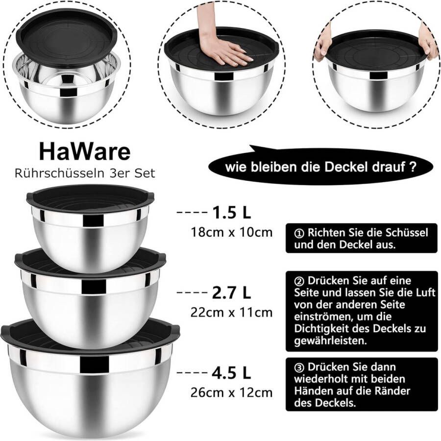 Mengkom roestvrij stalen kom slakom 3-delige set met luchtdicht deksel perfect voor bakken koken stapelbaar en vaatwasmachinebestendig 4 5 l 2 7 l 1 5 l zwart