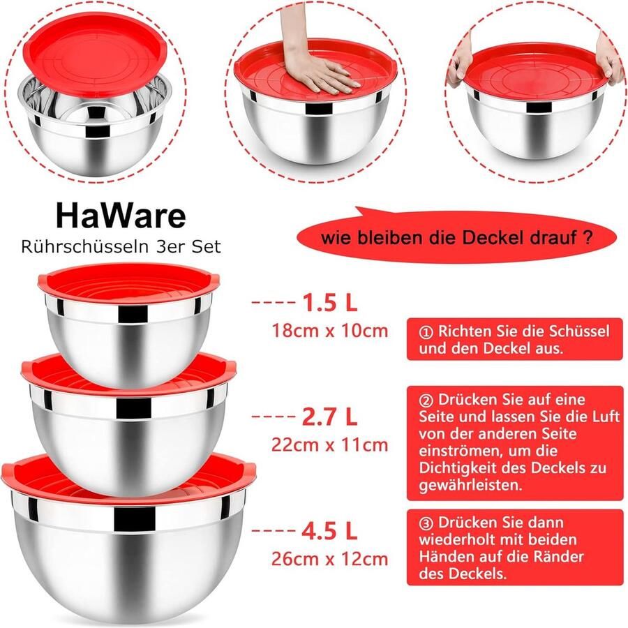 Roerkom roestvrijstalen kom slakom 3-delige set met luchtdicht deksel perfect voor bakken koken bereiden stapelbaar en vaatwasmachinebestendig 4 5 l 2 7 l 1 5 l rood