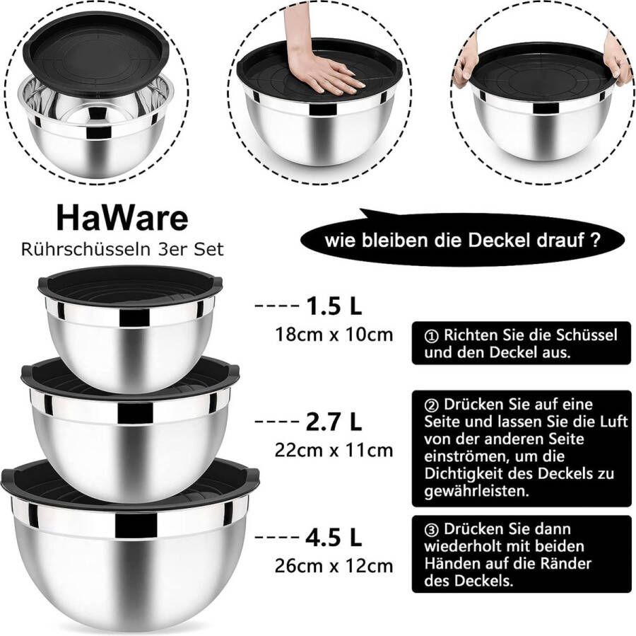 Mengkom roestvrijstalen kom slakom 3-delige set met luchtdicht deksel perfect voor bakken koken bereiden stapelbaar en vaatwasmachinebestendig 4 5 l 2 7 l 1 5 l zwart