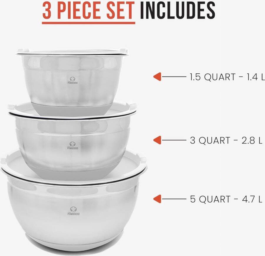 Mengkommen met deksels roestvrijstalen kommenset antislip siliconen basis mengkomset 3-delig (1 5 Qt 3 Qt 5 Qt) kommen voor keukenopslag koken bakken voorbereiden (grijs)