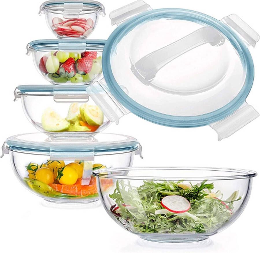 Mengkommen Set van 5 Glazenkommen BPA-vrij Salade Kommen Antislip Deksel met handgreep Beslagkommen