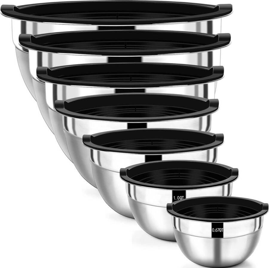 Mengkomset roestvrij stalen kommen 7-delige set met luchtdichte deksels stapelbaar vaatwasmachinebestendig 3 5 2 5 2 1 5 1 0 67 QT ideaal voor mengen en serveren