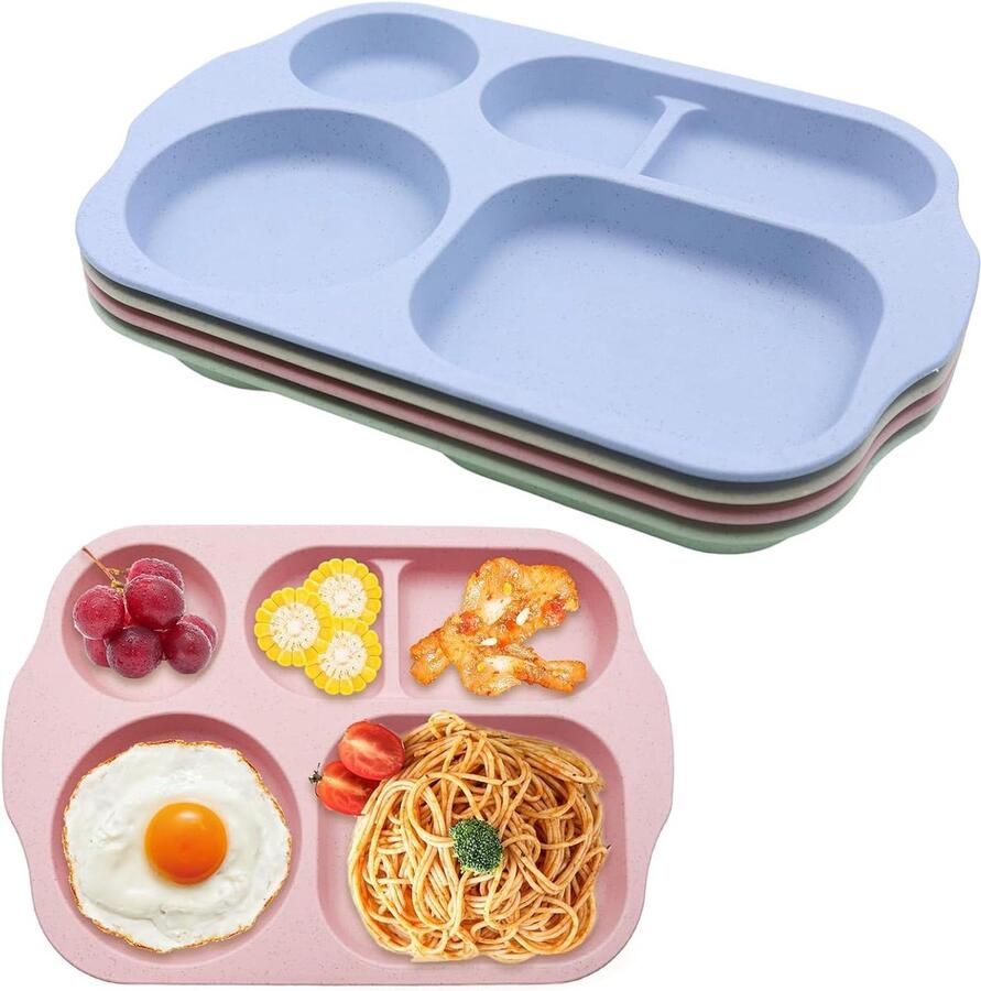 Menuborden van onbreekbaar kunststof 4 stuks gedeelde borden met 5 vakken dieetportieborden magnetron- en vaatwasserbestendig voor volwassenen en kinderen groen roze beige blauw Cool plate
