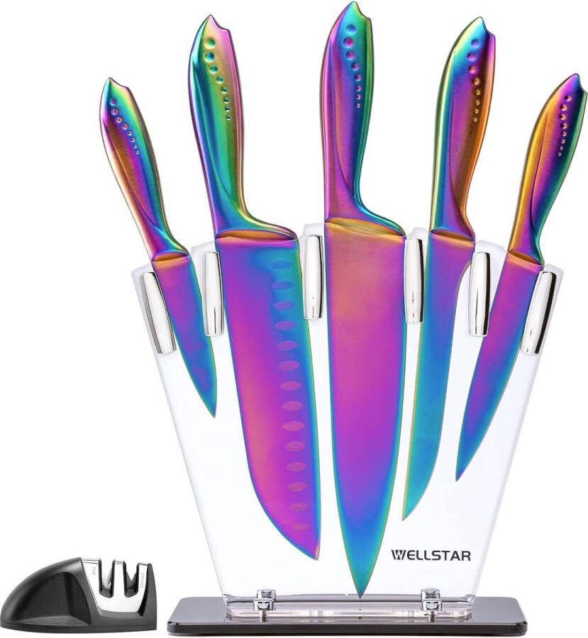 Messenblok 7-delige messenset titanium coating anti-aanbaklaag geen roest scherp roestvrij staal koksmessenset met acryl messenhouder voor keuken regenboog mes