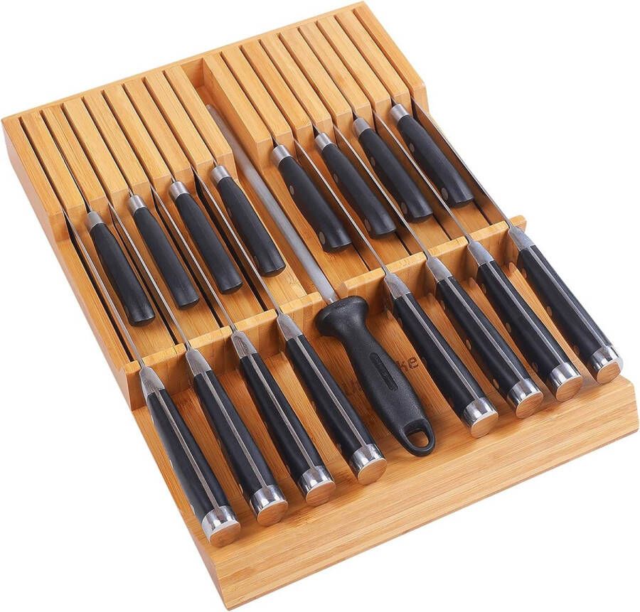 Messenblok bamboe voor keukenmessen steakmessenhouder geschikt voor 16 messen en 1 aanzetstaal (organizer voor 16 messen niet inbegrepen)