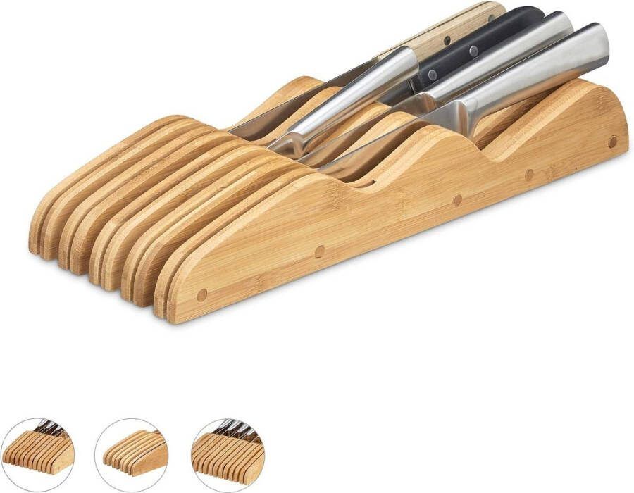 Messenblok lade bamboe voor 9 messen Organisator lade 5x12x40 cm Natuurlijk chef knife storage