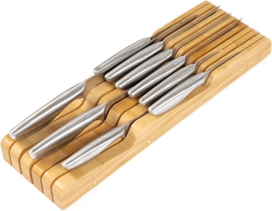 Messenblok van bamboe houdt 5 lange + 6 korte messen (niet meegeleverd) geschikt voor de meeste mesmaten rubberen voeten duurzaam bamboe ladedesign