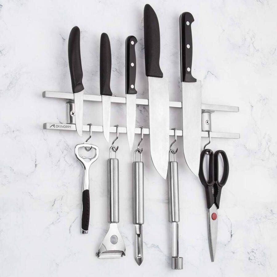 Messenhouder Magnetisch Roestvrij Staal Wandgemonteerde Messenrek met 5 Verwijderbare Haken Dubbellaags Ontwerp voor Ruimtebesparing (40 6 cm)
