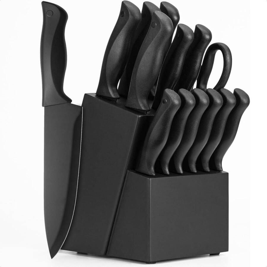 Messenset 15-Delig Ingebouwde Messenslijper Messenset Met Blok Zwart Messenblok Vaatwasserbestendig en Antisliphandvat Messensets Messenhouder Messen Set Messenset Zwart Koksmessenset