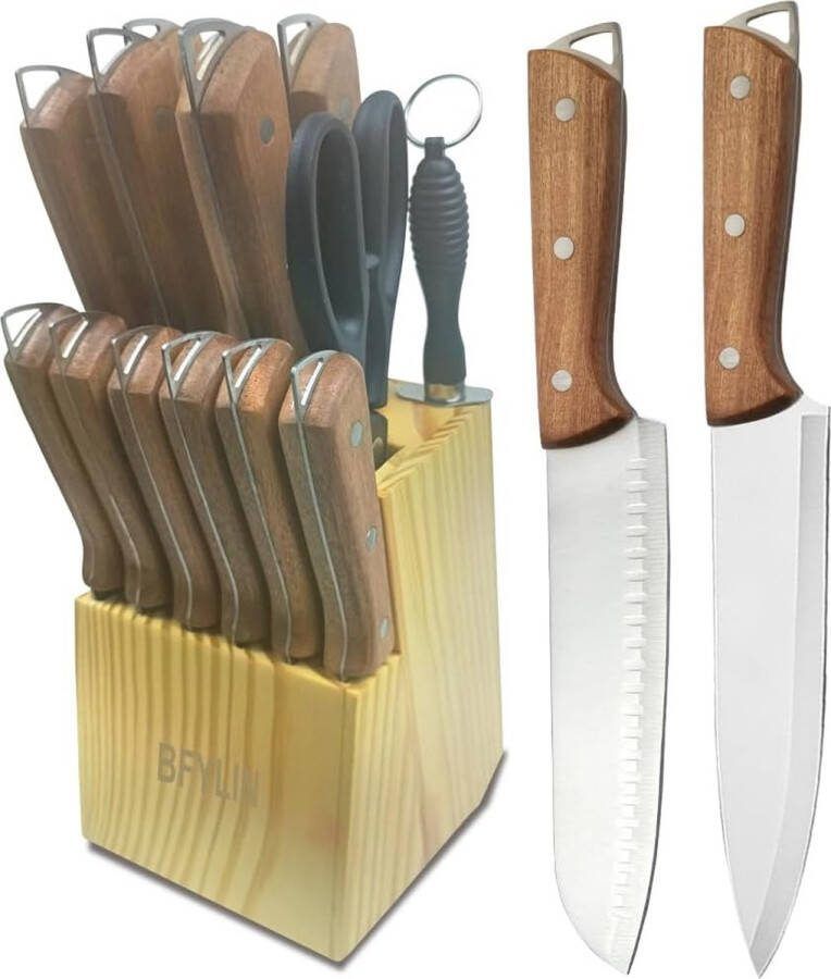 Messenset 15-delige keukenmessenset met houten blok messenblok set Santokumes koksmessen broodmes schilmes steakmes puntenslijper (houten handvat)
